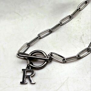 "5/$25" Monogram Initial "R" Silvertone Paperclip Chain Toggle Necklace 18"